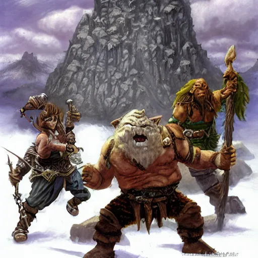 Prompt: an orc barbarian, gnome druid, halfling sorcerer, tabaxi monk, and warforged swashbuckler rogue fighting an adult white dragon on top of an ancient, ice covered fortress at the peak of a mountain, epic fantasy art wide angle, tony diterlizzi, lisa parker, selina fenech