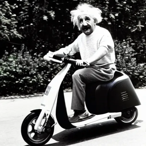 Prompt: Albert Einstein rides an electric scooter with his tongue out