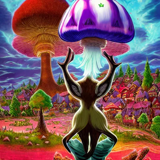 Image similar to anime 4 k headshot portrait of a psychedelic demonic anthropomorphic deer with mushroom themed clothes, magic mushroom village in background by jeff easley, award winning, stylized neon, post - processing, masterpiece, superb resolution. in the art style of junji ito and greg rutkowski. detailed mushroom city in background. hyper realistic anime. perfect art. dalle 2