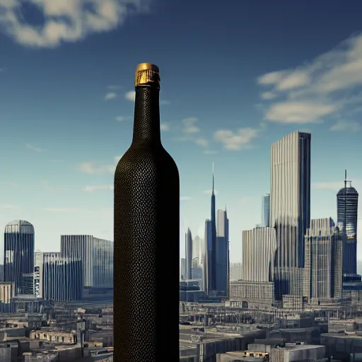 Image similar to a bottle of malort towering above a city skyline, urban landscapes, 4 k render, unreal engine