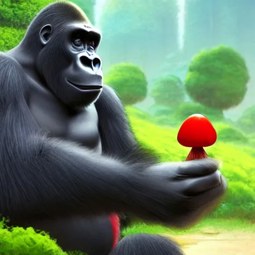 Prompt: a wholesome animation key shot of a gorilla holding a very small red mushroom, chilled out smirk on face, listening to music, jeep in background, studio ghibli, pixar and disney animation, sharp, rendered in unreal engine 5, anime key art by greg rutkowski, bloom, dramatic lighting