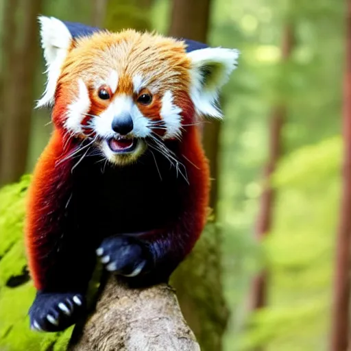 Prompt: photo of a humanoid red panda dressed in armor with a golden helmet, which plays the bass guitar in the forest