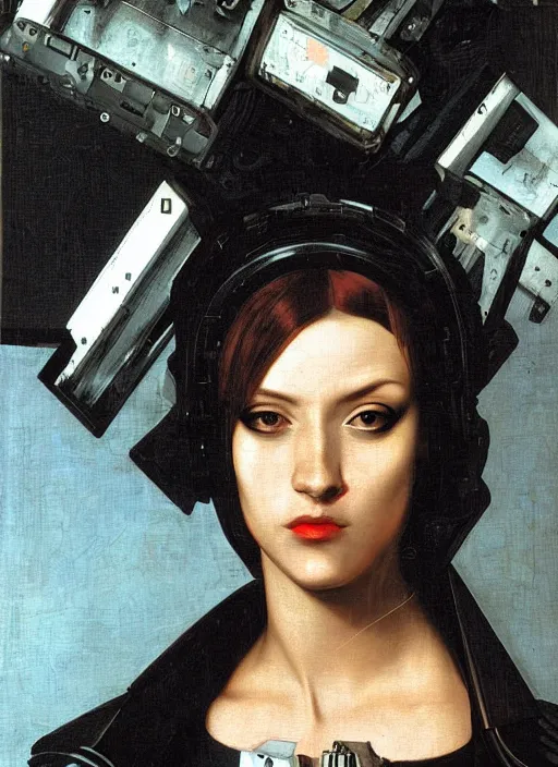 Prompt: a portrait of a cyberpunk woman jacked into a cyberdeck by Caravaggio