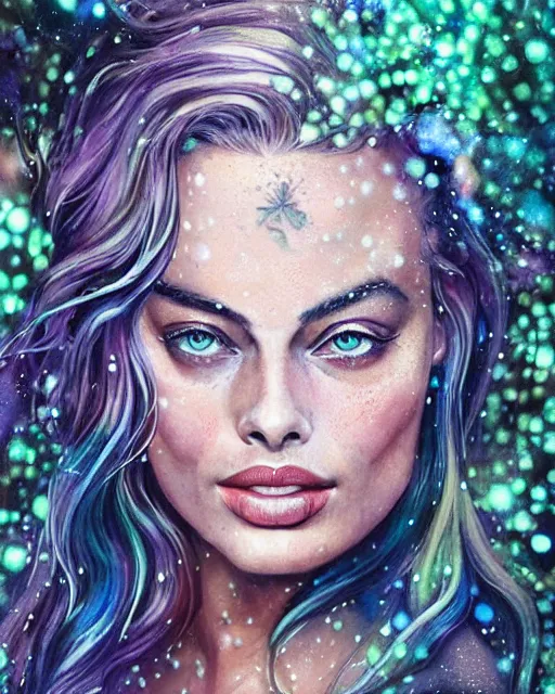 Prompt: margot robbie portrait with a tattooed body posing in a magical crochet bikini in a magical forest, beautiful eyes, light rain, wet body, realistic face, full body, fantasy art, in the style of artgerm, illustration, epic, fantasy, intricate, hyper detailed, artstation, concept art, smooth, sharp focus, ray tracing, vibrant, artgerm