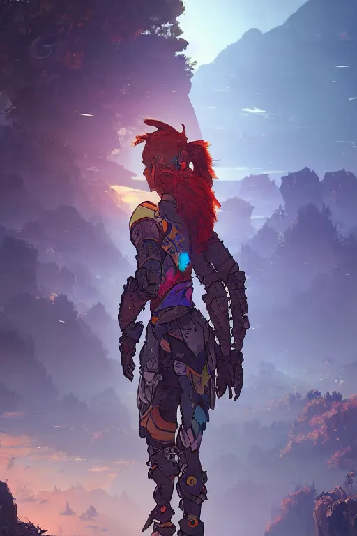 Image similar to combination suit armor aloy horizon forbidden west horizon zero dawn radiating a glowing aura global illumination ray tracing hdr fanart arstation by ian pesty and alena aenami artworks in 4 k tribal robot ninja mask helmet backpack