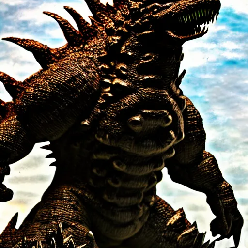 Image similar to Godzilla made out of rusty metal gear, we can also see wires, photorealistic, studio lighting, bokeh