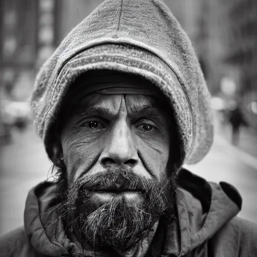 Image similar to portrait of a homeless man in New York city, matte paint, sharpen, raining