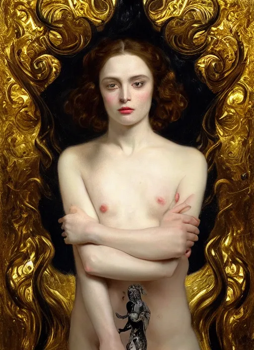 Image similar to highly detailed oil painting | very intricate | cinematic lighting | black, white and gold color scheme, dark background | god whispering on beethovens ear by alexander mcqueen | by roberto ferri, by gustav moreau, by singer sargent and klimt, american romanticism, occult art | by austin osman spare, artstation, cgsociety, official art, octane