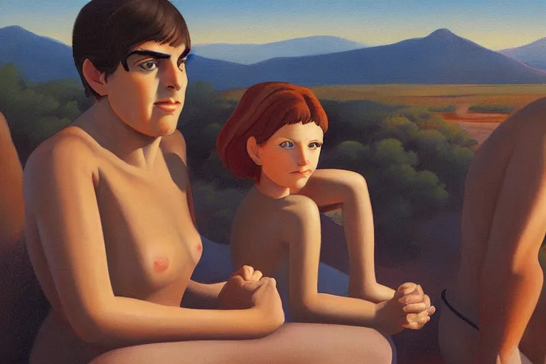 Prompt: beautiful painting of friends, beautiful faces, sitting on the edge, cute, soft light, digital painting by ralph mcquarrie and diane arbus