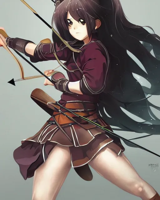 Prompt: anime girl with a bow and arrow, female archer, angry, warrior, realistic face, heroes archery japanese cartoon woman, artstation trending, concept art, digital painting