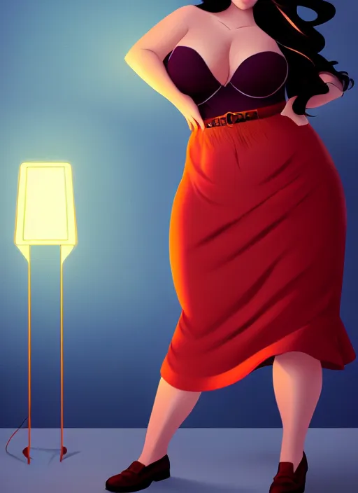 Image similar to full body portrait of teenage veronica lodge, obese, bangs, sultry, realistic, sultry smirk, wavy hair, red skirt, fat, belly, intricate, elegant, glowing lights, highly detailed, digital painting, artstation, concept art, smooth, sharp focus, illustration, art by wlop, mars ravelo and greg rutkowski