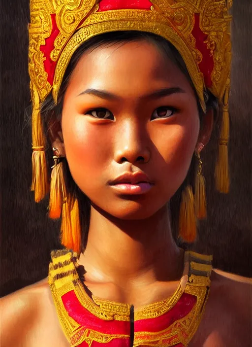 Image similar to portrait of a beautiful teen khmer ethnic cambodia, closeup portrait, historical, ethnic group, traditional costume, elegant, loin cloth, highly detailed, oil painting, artstation, concept art, matte, sharp focus, illustration, hearthstone, art by earl norem