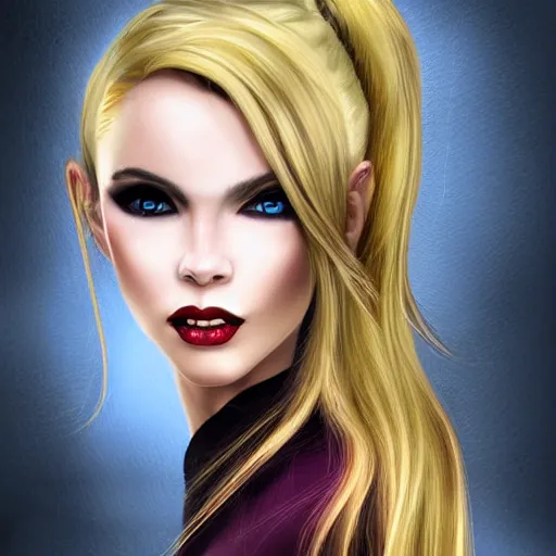 Prompt: Portrait of a beautiful vampire, blonde, hair ponytail, Detailed digital art