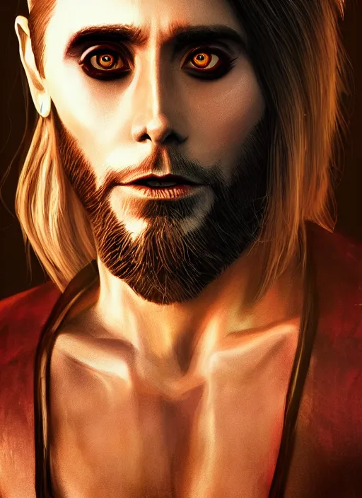 Image similar to A fantasy comic book style portrait painting of Jared Leto as a dark elf, unreal 5, DAZ, hyperrealistic, octane render, RPG portrait, ambient light, dynamic lighting