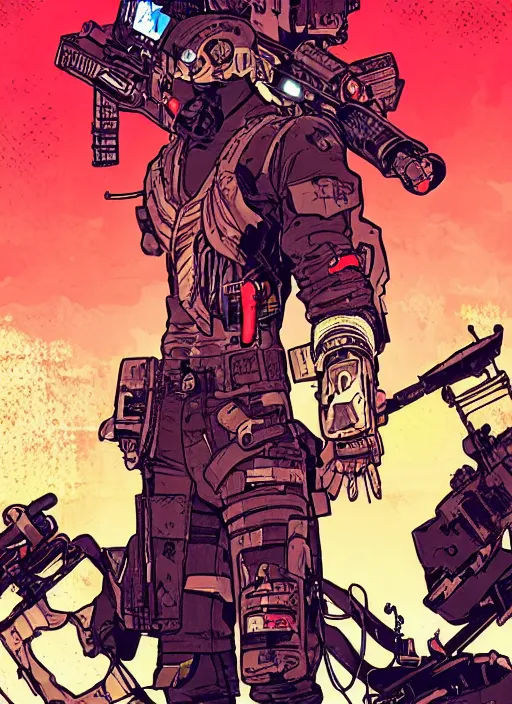 Image similar to hector. cyberpunk mercenary with scenic background. portrait illustration, pop art, art by ashley wood, alphonse mucha, laurie greasley and josan gonzales. cinematic. beautiful lighting.