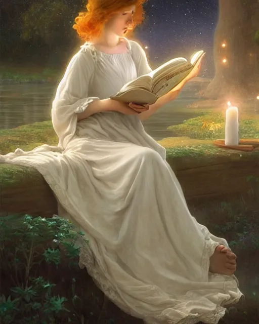 Prompt: a girl in white nightgown reading a book by the river, a full moon on the horizon, dark starry sky, golden orbs and fireflies, illustration, dramatic lighting, painting oil on canvas, art nouveau, 8 k, by edmund blair leighton, brom, charlie bowater, trending on artstation, faces by tom bagshaw, sargent