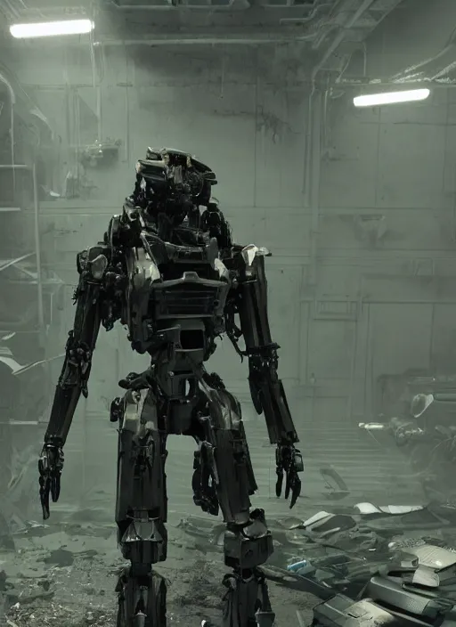 Prompt: mecha wearing black torn cloak cloth exposing chrome internals wiring harness armored damaged. creepy decay style of Roger Deakins Jeremy Saulnier Newton Thomas Sigel Robert Elswit Greig Fraser trending rtx on ue4