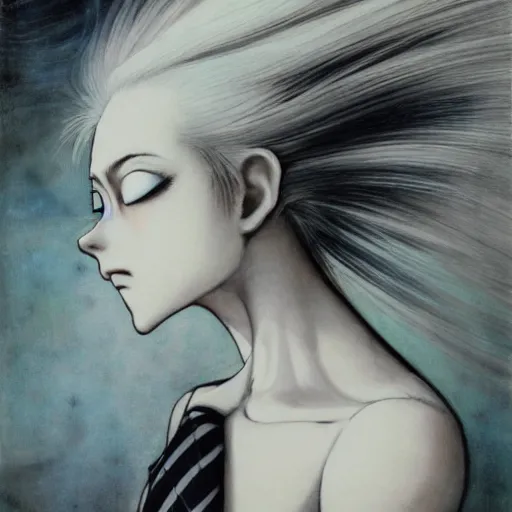 Image similar to Yoshitaka Amano realistic illustration of an anime girl with white hair, eyes without pupils and cracks on her face wearing dress suit with tie fluttering in the wind, abstract black and white patterns on the background, noisy film grain effect, highly detailed, Renaissance oil painting, weird portrait angle