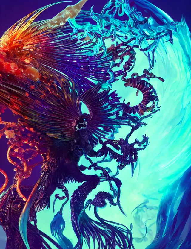 Image similar to witch phoenix macro close - up portrait with crown made of ram skull. phoenix, betta fish, jellyfish, plasma, ice, water, wind, creature, super intricate ornaments artwork by tooth wu and wlop and beeple and greg rutkowski