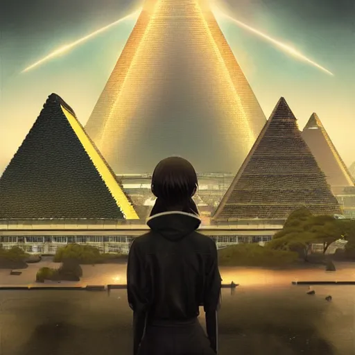 Prompt: mysterious metallic black pyramid in tokyo, reflective, by tom bagshaw and ilya kuvshinov, rtx rendering, octane render 1 2 8 k, maya, extreme high intricate details by wlop, digital anime art by ross tran, medium shot, composition by sana takeda, dramatic lighting by greg rutkowski