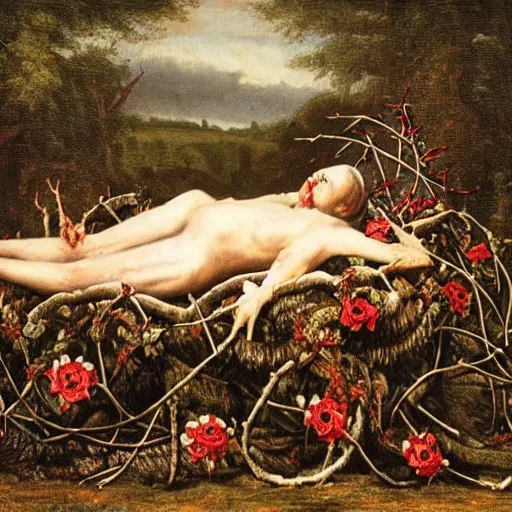 Prompt: a putrid rotting animal corpse resting on top of a throne made of thorns and vines, swedish dark ritual, flowers, uncanny, in an open field