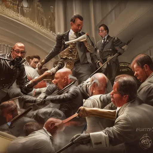 Prompt: custodian sweeping congressmen into a pile, ultra detailed hyper realistic deep focus smooth artstation wlop intricate highly detailed award winning