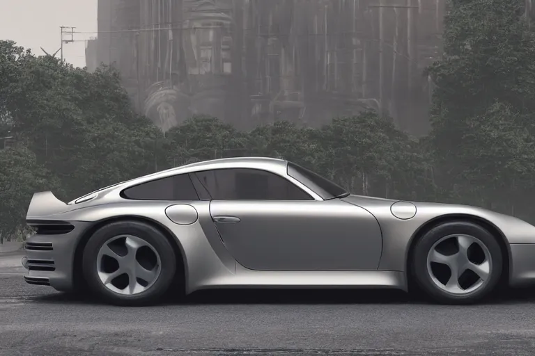 Prompt: porsche 9 5 9 concept car sitting on the side of the road, back to the future, a detailed matte painting by zack snyder, trending on cg society, auto - destructive art, vray tracing, unreal engine 5, reimagined by industrial light and magic