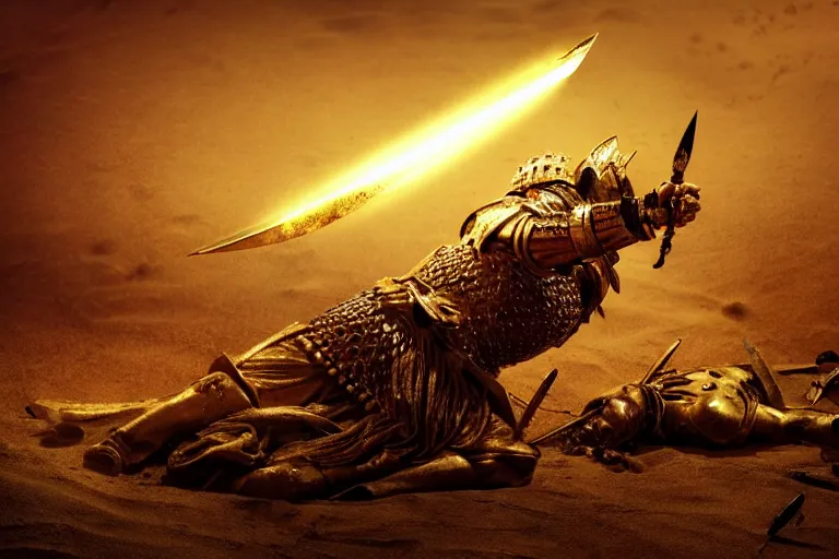 Image similar to the king in the desert dead on the ground, defeated, blood on sand, swords fallen to ground, fighting in a dark scene, gold sword, detailed scene, killed in war, blood spill, Armour and fallen Crown, highly detailed, blood and dust in the air, brutal battle, action scene, cinematic lighting, dramatic lighting, trending on artstation, elegant, intricate, character design, motion and action and tragedy, fantasy, D&D, highly detailed, digital painting, concept art