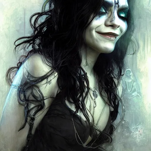 Image similar to beautiful portrait of vanessa hudgens as death from sandman, smiling, by cedric peyravernay, alphonse mucha, by jeremy mann, by lecouffe deharme, goth chic, soft lightning, eyeliner, punk rock, high detailed, 8 k