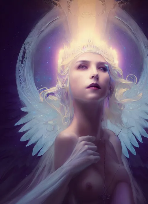 Image similar to a beautiful white haired princess with angel wings, intricate concept art, ethereal, ominous, mysterious, enchanted, cosmic, dramatic lighting, illuminated lines, outrun, vaporware, illuminated runes, cyberpunk darksynth, dark background, 8 k, by ruan jia and krenz cushart and alphonse mucha