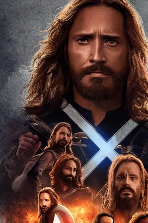 Prompt: poster for a jesus christ avengers movie, jesus posing with his cross as a weapon, photorealistic, cinematic lighting, extremely detailed, marvel cinematic universe