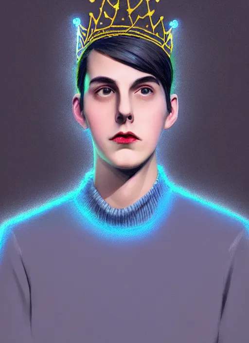 Image similar to portrait of teenage jughead jones wearing a light grey crown, crown, blue turtleneck, 1 9 5 0 s, closed eyes, photorealistic, black hair, glowing lighting, intricate, elegant, glowing lights, highly detailed, digital painting, artstation, concept art, smooth, sharp focus, illustration, art by wlop, mars ravelo and greg rutkowski