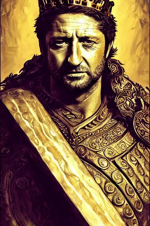 Image similar to portrait gerard butler as a greek king sitting on a watermelon, greek, intricate, headshot, key visual, conceptart, ambient lighting, highly detailed, digital painting, artstation, concept art, sharp focus, by makoto shinkai and akihiko yoshida and greg manchess