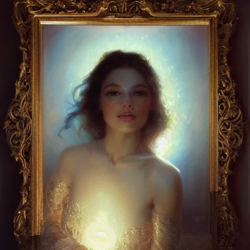 Prompt: beautiful portrait of a young woman, smiling, radiant light, caustics, reflective light, by gaston bussiere, bayard wu, greg rutkowski, giger, maxim verehin