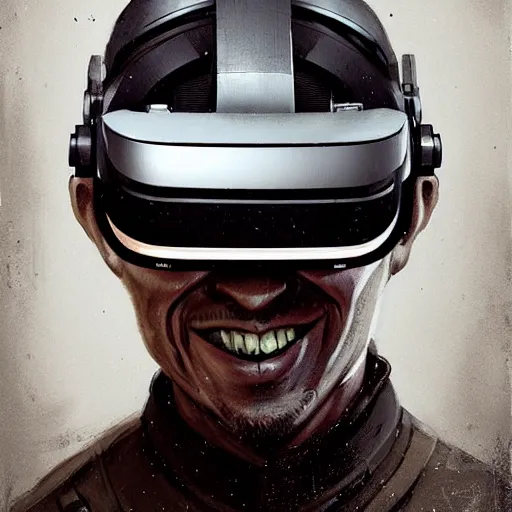Image similar to Portrait of a man by Greg Rutkowski, symmetrical face, a marine with a helmet, using a VR Headset, Kubric Stare, crooked smile, he's wearing a tacitcal gear, highly detailed portrait, scifi, digital painting, artstation, book cover, cyberpunk, concept art, smooth, sharp foccus ilustration, Artstation HQ