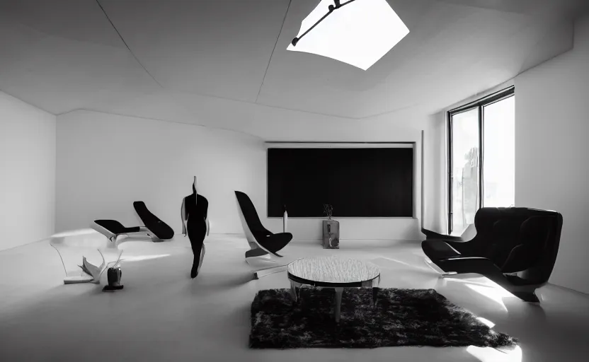 Prompt: futuristic minimalist living room, floating black spirits, surreal, coherent composition, architecturally accurate, architecture photography, 8 k