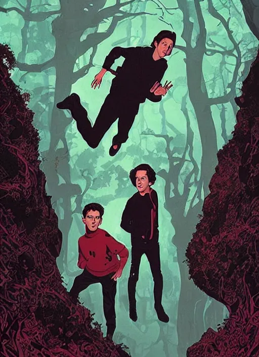 Prompt: poster artwork by Michael Whelan and Tomer Hanuka, Karol Bak of Ryan Gosling and Timothee Chalamet are the Hardy boys, from scene from Twin Peaks, clean