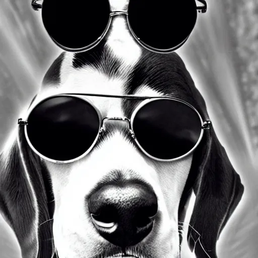 Prompt: sublime portrait of a beagle with sunglasses, cyberpunk era