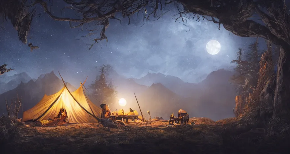 Image similar to an epic fantasy adventurer's camp with a hide tent at night with a full moon, 4 k, extremely detailed. award winning, trending on artstation, 8 k, ultra wide angle