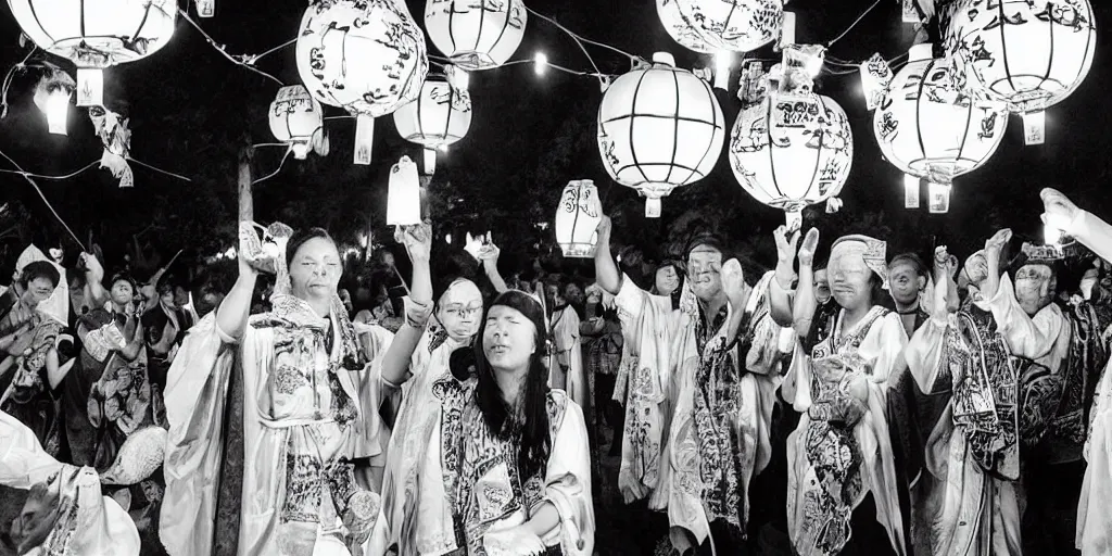 Prompt: “ traditional lantern ceremony, festival. photograph. award winning. cinema still. black and white. ”