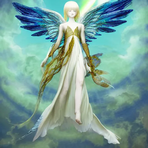 Image similar to anthropomorphic angel with betta fish dress, white and gold color palette, by Yoshitaka Amano, ethereal, dreamy, god rays