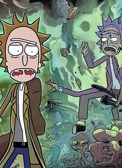 Prompt: rick and morty in art style of lee bermejo