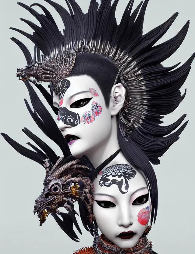 Image similar to 3 d goddess close - up profile simple portrait punk with mohawk with goat skull. beautiful intricately detailed japanese crow kitsune mask and clasical japanese kimono. betta fish, jellyfish phoenix, bio luminescent, plasma, ice, water, wind, creature, artwork by tooth wu and wlop and beeple and greg rutkowski