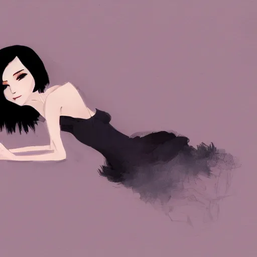 Prompt: Elegant woman in black dress and black bob hair, smoking a cigarette, sitting in dark room, smoke, smooth, sharp focus, by Akihiko Yoshida, Greg Tocchini, Greg Rutkowski, Cliff Chiang, 4k resolution, digital painting, small chromatic aberration