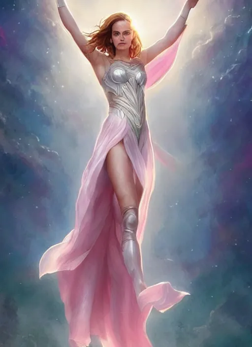 Image similar to emma watson as nature magic celestial, superman pose, long hair, soft pink and white transparent cloth, space, D&D, shiny background, intricate, elegant, highly detailed, digital painting, artstation, concept art, smooth, sharp focus, illustration, artgerm, bouguereau