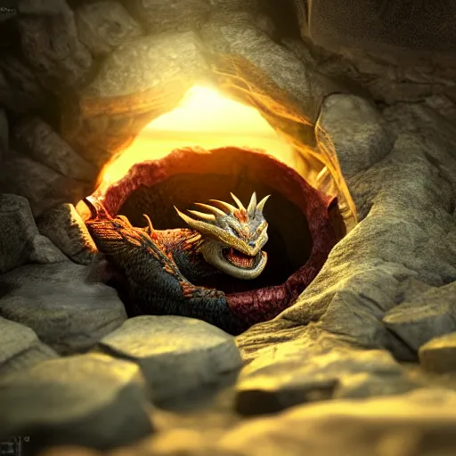 Prompt: dragon in his nest by a cavern, sunrise, ultra photorealistic, 8k, cinematic, dramatic