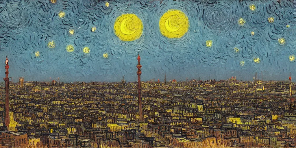 Image similar to tehran skyline in a winter night, a full moon, art by vincent van gogh