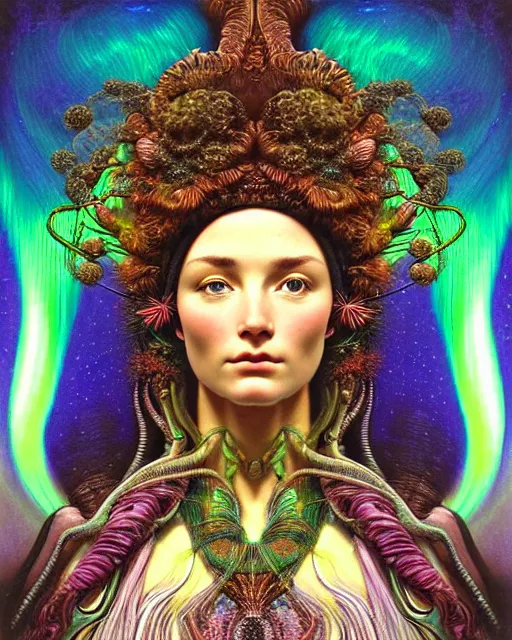 Image similar to hyperrealistic detailed face portrait of the beautiful goddess of the northern lights with an intricate headgear of a beautiful landscape, art by ernst haeckel, john william godward, android jones, alphonso mucha, h. r. giger, gothic - cyberpunk, ornamental, beautiful deep colours,