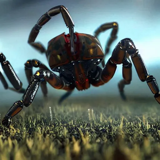 Prompt: a mechanical scorpion in a field surrounded by nanobots