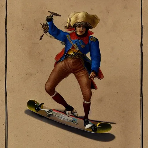 Prompt: napoleon bonaparte skateboarding, sketched by leonardo da vinci, high detail, 4 k